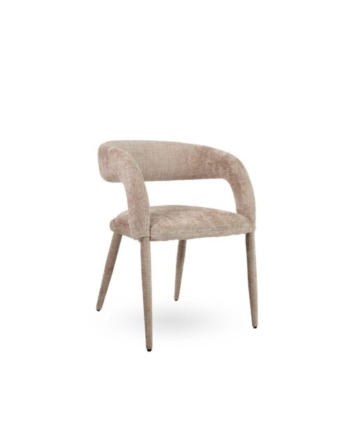 KRZESŁO Iris w beżowej, delikatnie strukturalnej tkaninie, miękkie linie, designerski styl