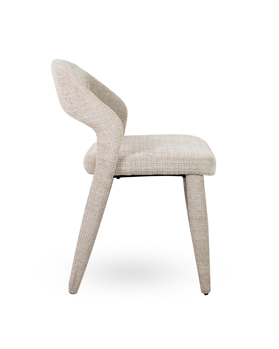 KRZESŁO Kos w beżowej tkaninie, delikatne, miękkie linie oparcia, smukłe nogi, nowoczesny styl, piękne KRZESŁO Kos w beżowej tkaninie, delikatne, miękkie linie oparcia, smukłe nogi, nowoczesny styl, piękne