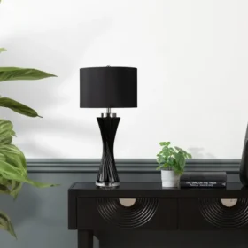 LAMPA STOŁOWA czarna, szklana podstawa, czarny abażur, nowoczesna