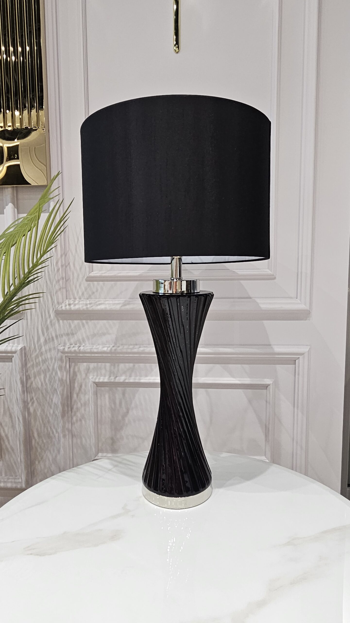 LAMPA STOŁOWA czarna, szklana podstawa, czarny abażur, nowoczesna