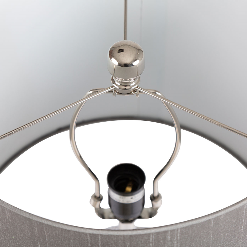 LAMPA STOŁOWA metalowa, ażurowa podstawa, szary abażur, klasyczny styl z nutą nowoczesności, piękna