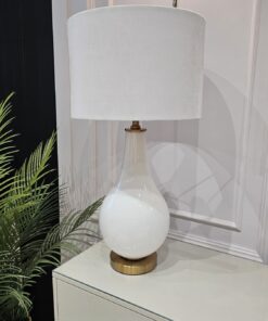 LAMPA STOŁOWA perłowo-biała podstawa, biały abażur, złote elementy, klasyczny styl