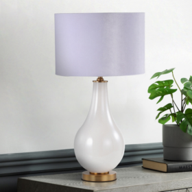 LAMPA STOŁOWA perłowo-biała podstawa, biały abażur, złote elementy, klasyczny styl