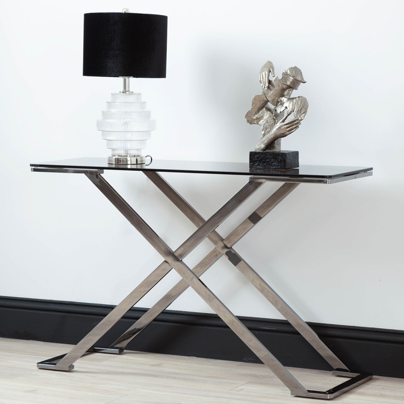 LAMPA STOŁOWA szklana podstawa, czarny abażur, srebrne elementy, klasyczny styl, premium