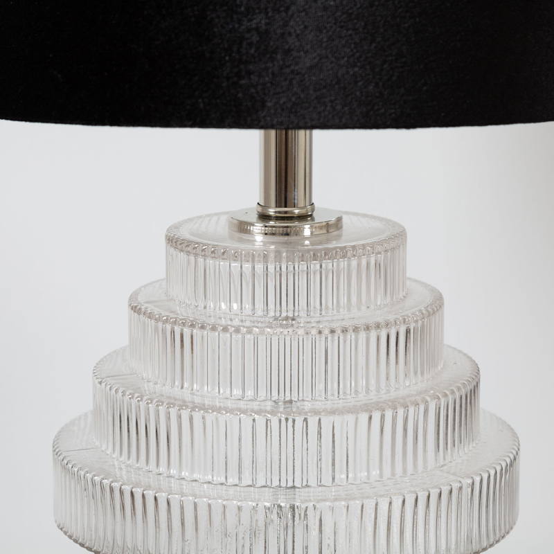 LAMPA STOŁOWA szklana podstawa, czarny abażur, srebrne elementy, klasyczny styl, wyjątkowa