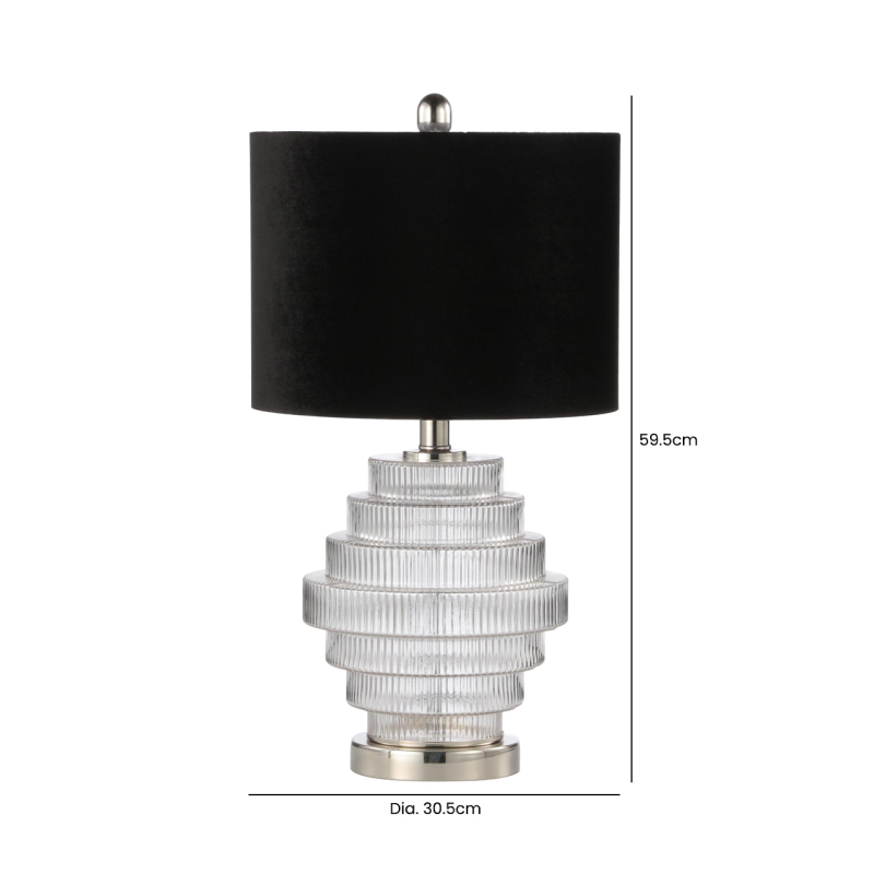 LAMPA STOŁOWA szklana podstawa, czarny abażur, srebrne elementy, klasyczny styl, wymiary