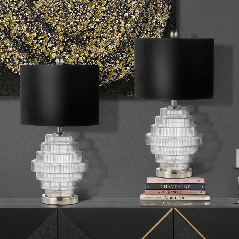 LAMPA STOŁOWA szklana podstawa, czarny abażur, srebrne elementy, klasyczny styl