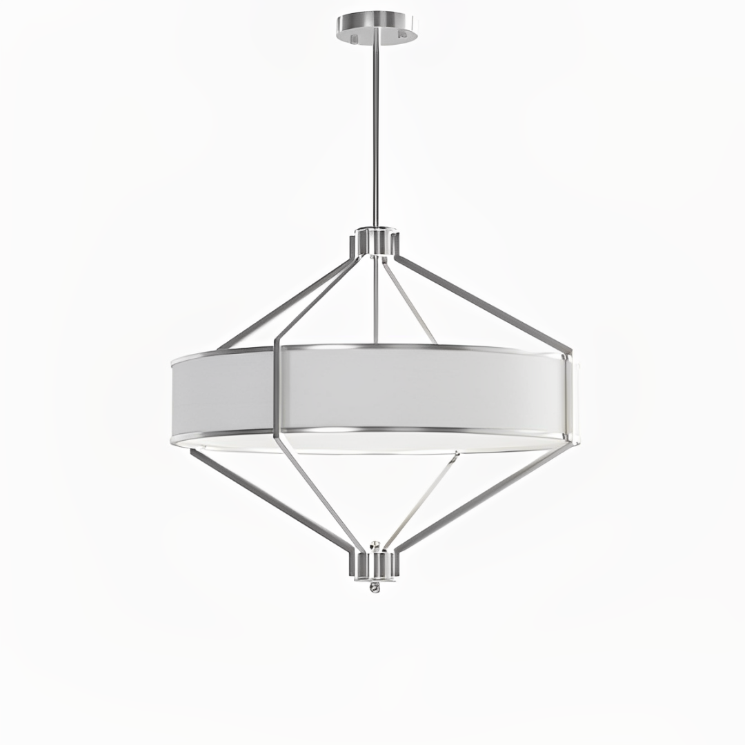 LAMPA WISZĄCA Zundo Satin Nikiel okrągły, srebrny stelaż, materiałowy, biały abażur, klasyczny styl z nutą nowoczesności