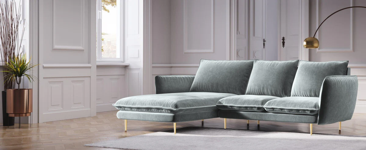 NAROŻNIK Vienna na metalowych nogach, aksamitna tkanina do wyboru, prawo lub lewostronny, nowoczesny styl, jasnoszary, piękny NAROŻNIK Vienna na metalowych nogach, aksamitna tkanina do wyboru, prawo lub lewostronny, nowoczesny styl, jasnoszary, piękny