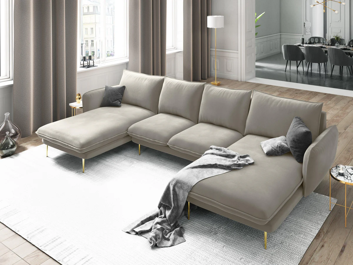 NAROŻNIK Vienna w kształcie litery U na metalowych nogach, aksamitna tkanina do wyboru, nowoczesny styl, beżowy, piękny NAROŻNIK Vienna w kształcie litery U na metalowych nogach, aksamitna tkanina do wyboru, nowoczesny styl, beżowy, piękny