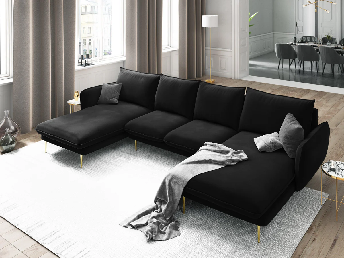 NAROŻNIK Vienna w kształcie litery U na metalowych nogach, aksamitna tkanina do wyboru, nowoczesny styl, czarny, piękny