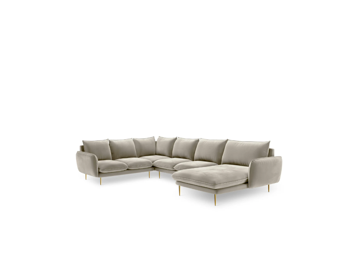 NAROŻNIK panoramiczny Vienna na metalowych nogach, aksamitna tkanina do wyboru, prawo lub lewostronny, nowoczesny styl, beżowy NAROŻNIK panoramiczny Vienna na metalowych nogach, aksamitna tkanina do wyboru, prawo lub lewostronny, nowoczesny styl, beżowy