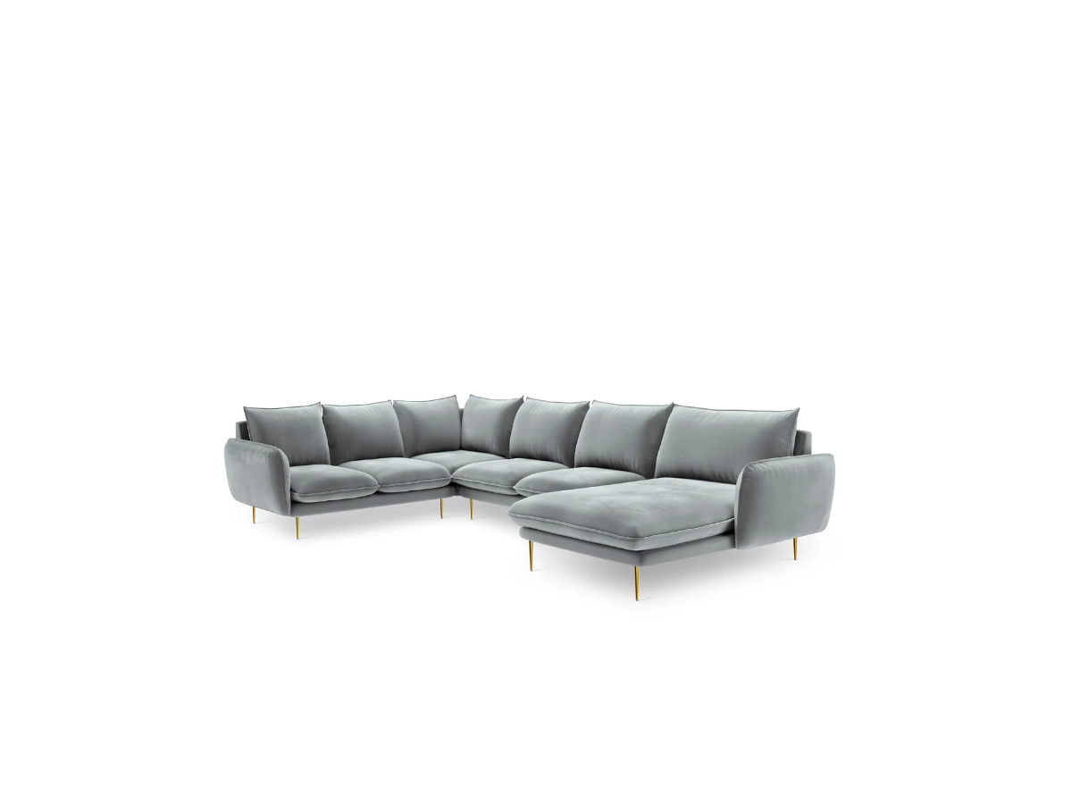 NAROŻNIK panoramiczny Vienna na metalowych nogach, aksamitna tkanina do wyboru, prawo lub lewostronny, nowoczesny styl, jasnoszary