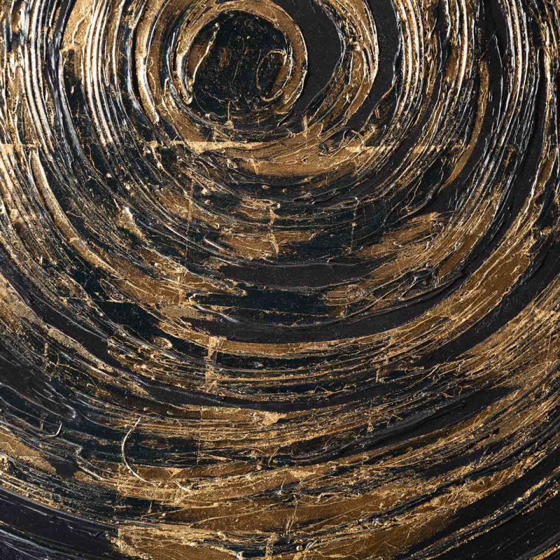 OBRAZ z wzorem złotego okręgu, czarne tło, drewniane obramowanie, nowoczesny styl, wyjątkowy