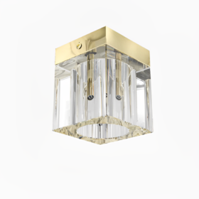PLAFON Cubo Claro Gold, kryształowy klosz, złoty metalowy detal, nowoczesny styl