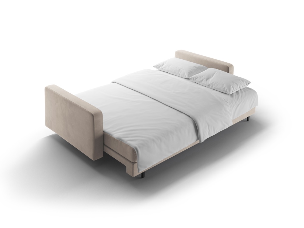 SOFA BALI 3-osobowa z funkcją spania, welurowa ciemnobeżowa tkanina, czarne metalowe nogi, nowoczesny styl, do spania