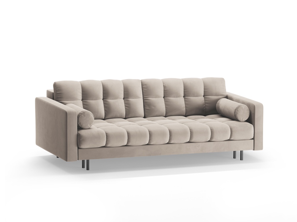 SOFA BALI 3-osobowa z funkcją spania, welurowa ciemnobeżowa tkanina, czarne metalowe nogi, nowoczesny styl, wyjątkowa