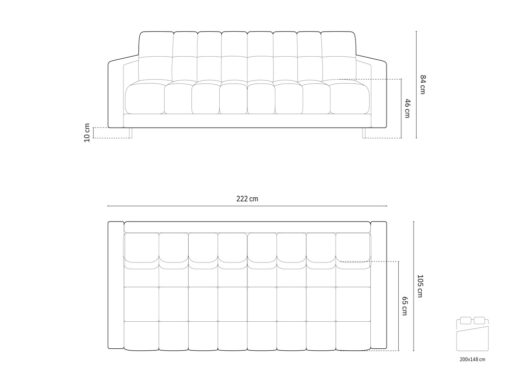 SOFA BALI 3-osobowa z funkcją spania, welurowa ciemnobeżowa tkanina, czarne metalowe nogi, nowoczesny styl, wymiary