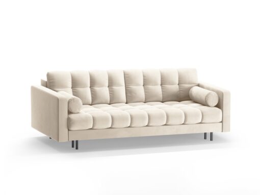 SOFA BALI 3-osobowa z funkcją spania, welurowa jasnobeżowa tkanina, czarne metalowe nogi, nowoczesny styl, designerska