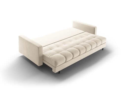 SOFA BALI 3-osobowa z funkcją spania, welurowa jasnobeżowa tkanina, czarne metalowe nogi, nowoczesny styl, premium