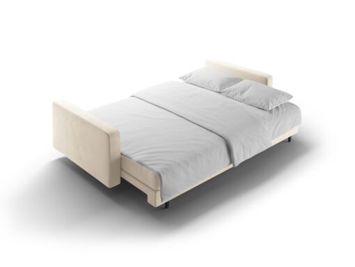SOFA BALI 3-osobowa z funkcją spania, welurowa jasnobeżowa tkanina, czarne metalowe nogi, nowoczesny styl, wyjątkowa