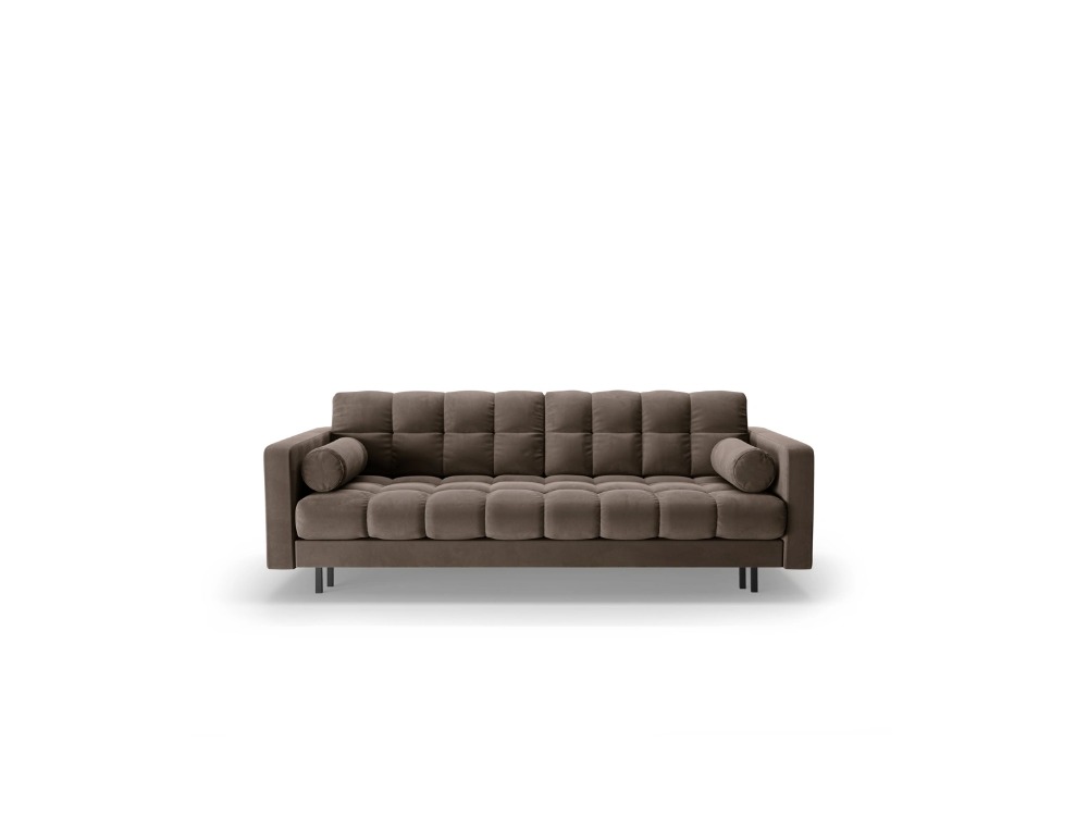 SOFA BALI 3-osobowa z funkcją spania, welurowa tkanina w czekoladowym kolorze, czarne metalowe nogi, nowoczesny styl