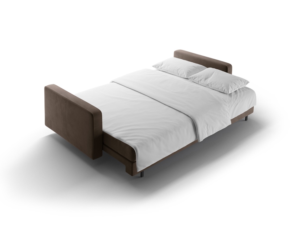 SOFA BALI 3-osobowa z funkcją spania, welurowa tkanina w czekoladowym kolorze, czarne metalowe nogi, nowoczesny styl, wyrafinowana