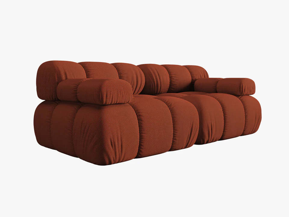 SOFA Bellis 2-osobowa, trójwymiarowa tkanina w ceglanym kolorze, zaoblone kształty, nowoczesny loftowy styl, piękna SOFA Bellis 2-osobowa, trójwymiarowa tkanina w ceglanym kolorze, zaoblone kształty, nowoczesny loftowy styl, piękna