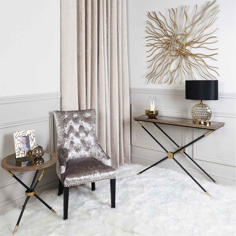 STOLIK POMOCNICZY Oralie okrągły, lustrzany blat, industrialny styl, złote metalowe detale, ekskluzywny