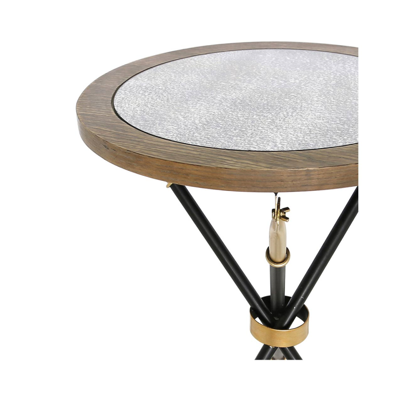 STOLIK POMOCNICZY Oralie okrągły, lustrzany blat, industrialny styl, złote metalowe detale, wyjątkowy