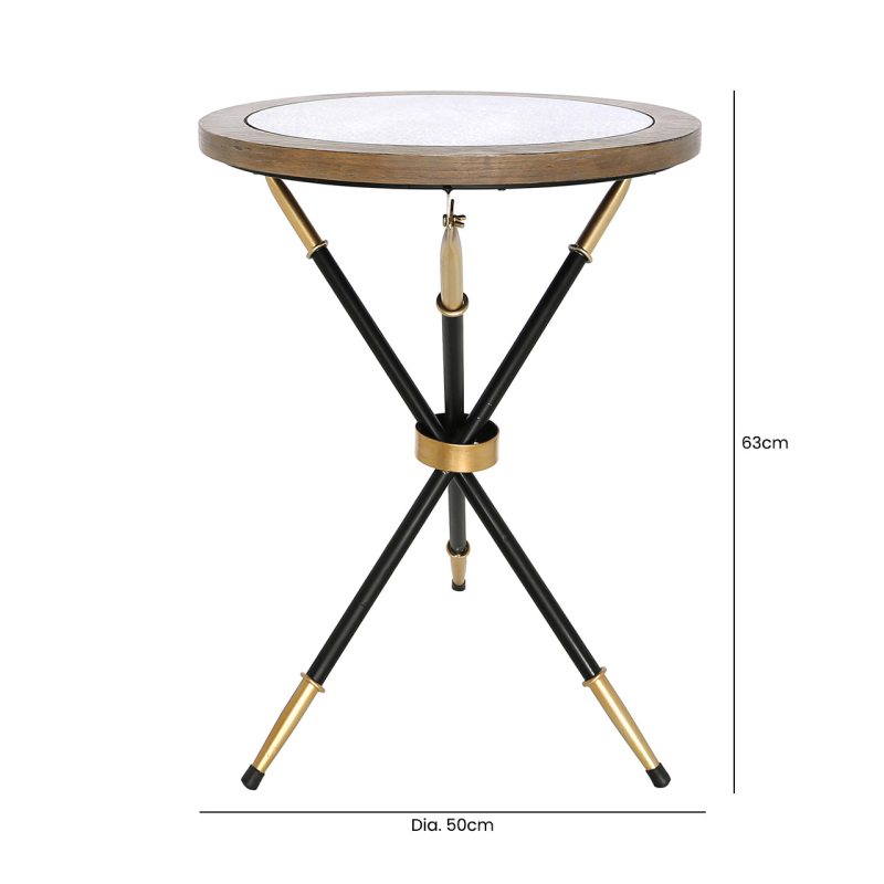 STOLIK POMOCNICZY Oralie okrągły, lustrzany blat, industrialny styl, złote metalowe detale, wymiary