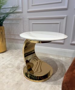 STOLIK POMOCNICZY na złotej designerskiej nodze, okrągły, biały blat, nowoczesny styl glamour