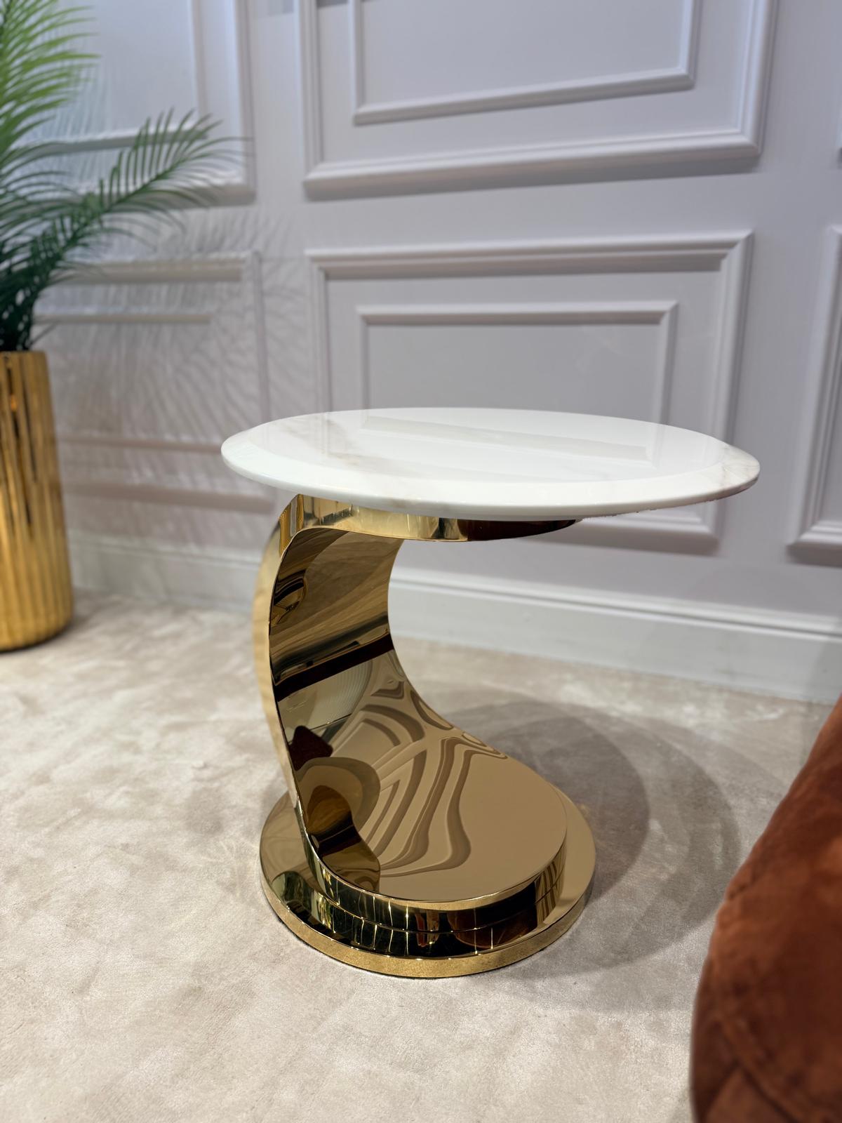 STOLIK POMOCNICZY na złotej designerskiej nodze, okrągły, biały blat, nowoczesny styl glamour