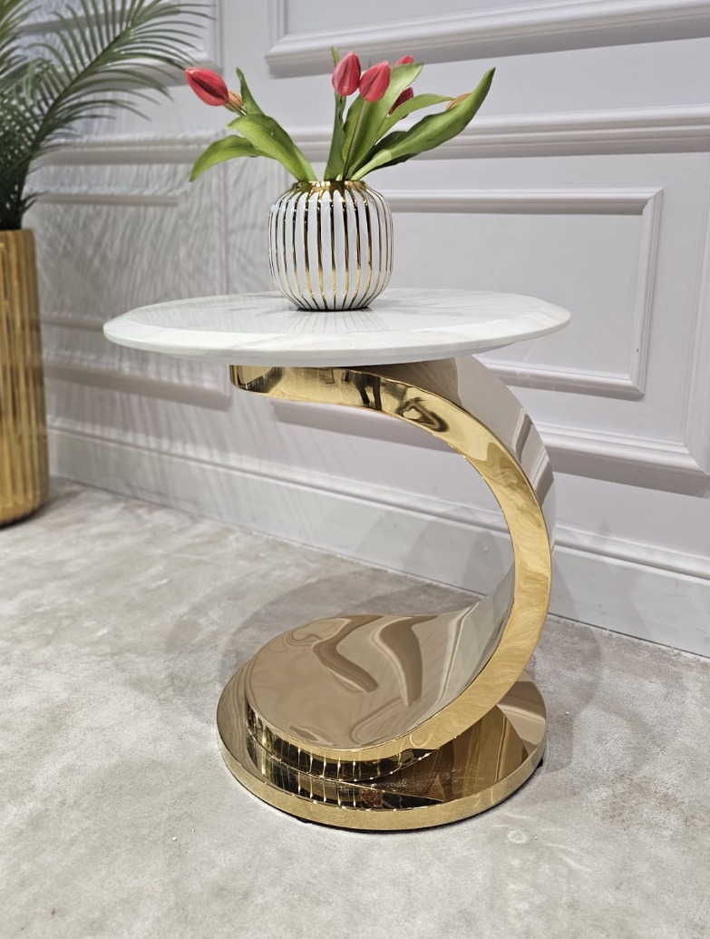 STOLIK POMOCNICZY na złotej designerskiej nodze, okrągły, biały blat, nowoczesny styl glamour, do salonu