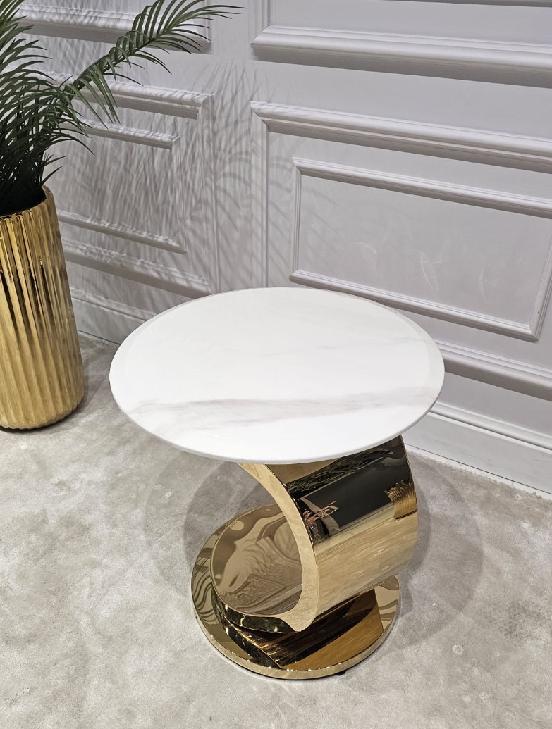 STOLIK POMOCNICZY na złotej designerskiej nodze, okrągły, biały blat, nowoczesny styl glamour, ekskluzywny