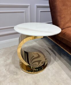 STOLIK POMOCNICZY na złotej designerskiej nodze, okrągły, biały blat, nowoczesny styl glamour, piękny