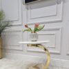 STOLIK POMOCNICZY na złotej designerskiej nodze, okrągły, biały blat, nowoczesny styl glamour, premium