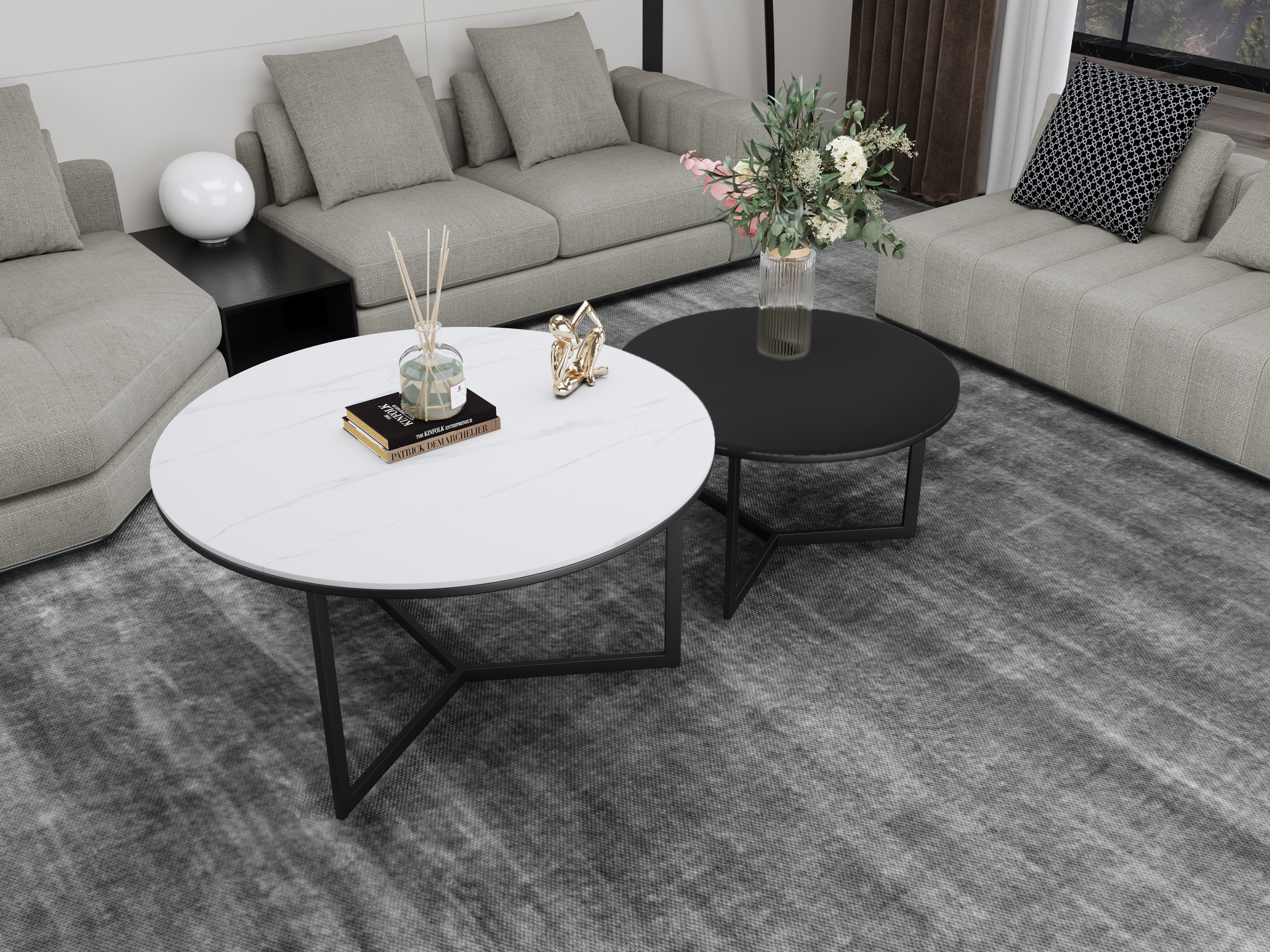 ZESTAW STOLIKÓW KAWOWYCH 2w1 okrągłe, metalowe, czarne podstawy, czarny i biały blat, nowoczesny styl, do salonu