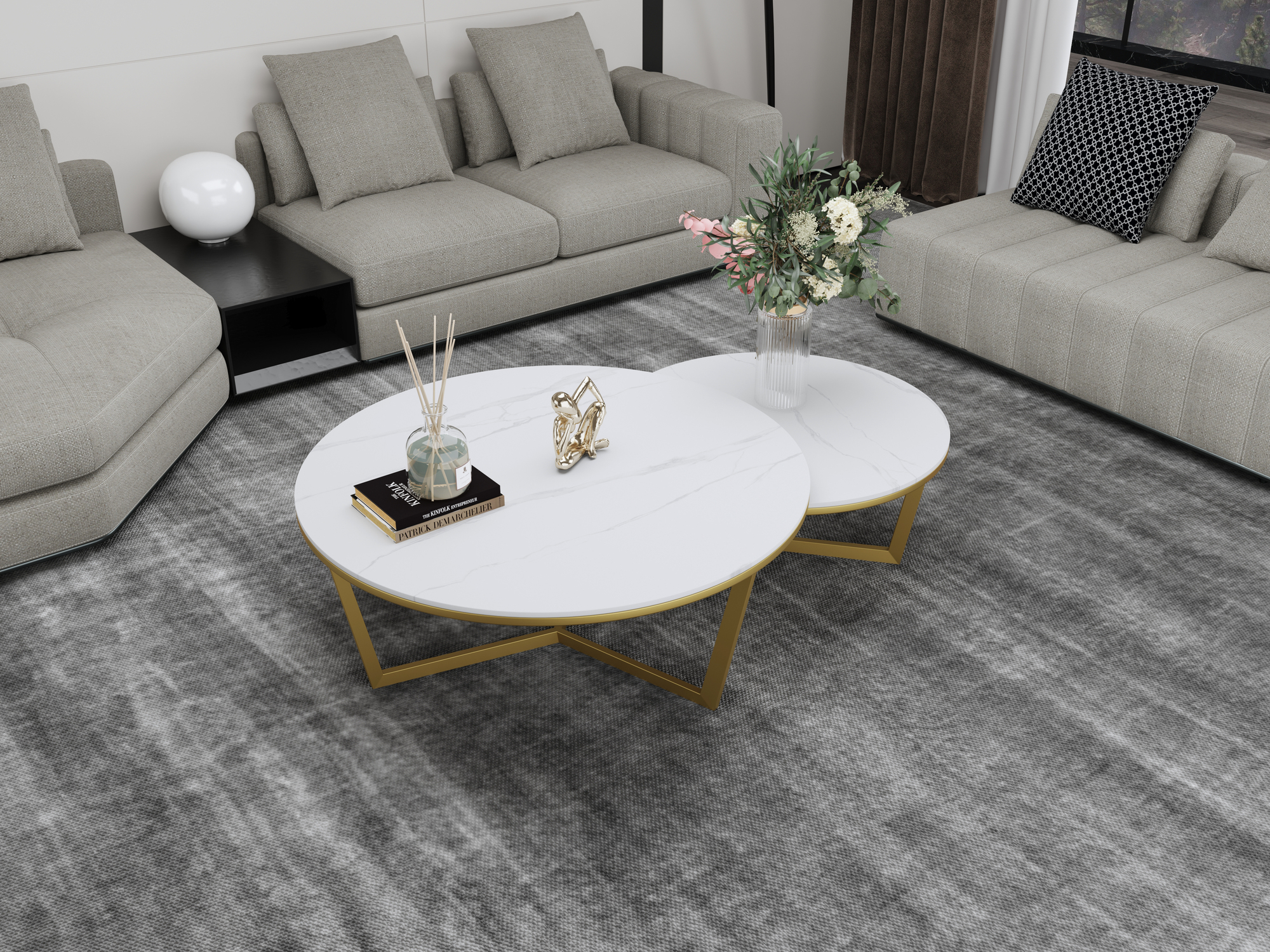 ZESTAW STOLIKÓW KAWOWYCH 2w1 złote podstawy ze stali węglowej, białe blaty ze spieku kamiennego, do salonu