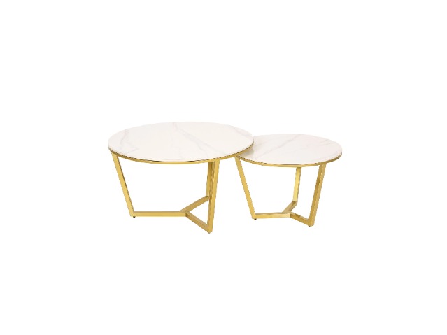 ZESTAW STOLIKÓW KAWOWYCH 2w1 złote podstawy ze stali węglowej, białe blaty ze spieku kamiennego