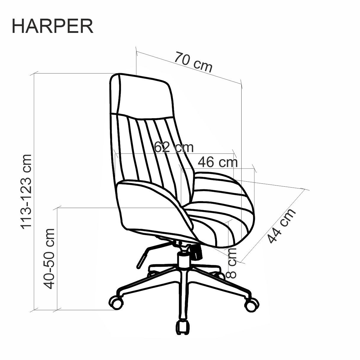 KRZESŁO BIUROWE Harper, popielata tapicerka z pionowymi przeszyciami, nowoczesny styl, wymiary