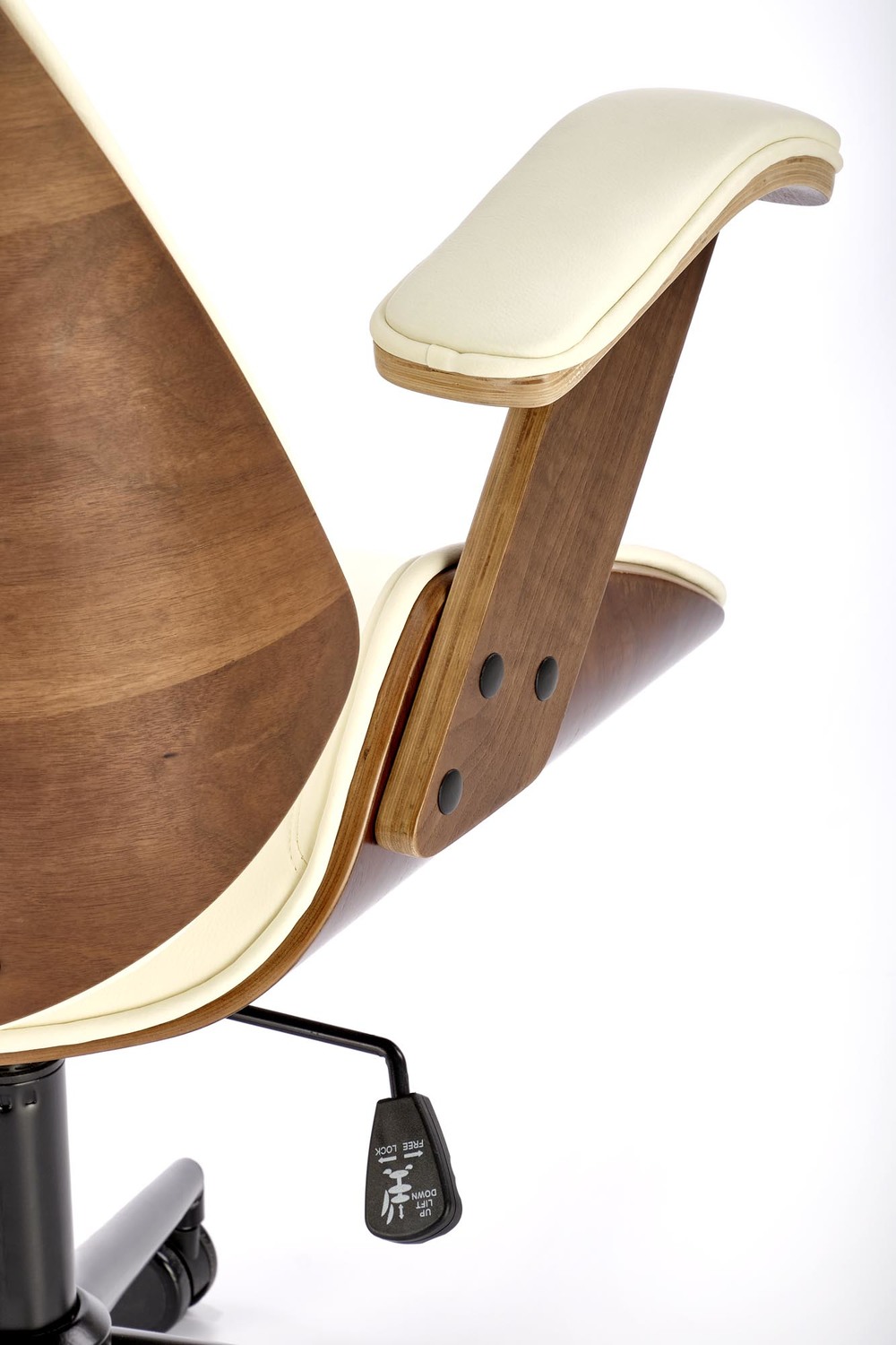 KRZESŁO BIUROWE Ignazio, kremowa tapicerka z eko skóry, orzechowy tył, designerski kształt, do biura