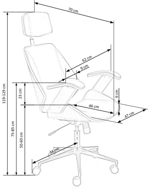 KRZESŁO BIUROWE Ignazio, kremowa tapicerka z eko skóry, orzechowy tył, designerski kształt, wymiary