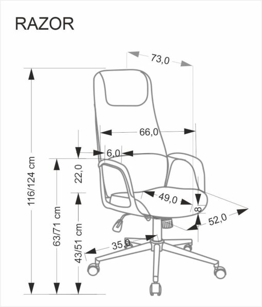 KRZESŁO BIUROWE Razor z podłokietnikami, siedzisko beżowej z eko skóry, na kółkach, nowoczesny styl, wymiary