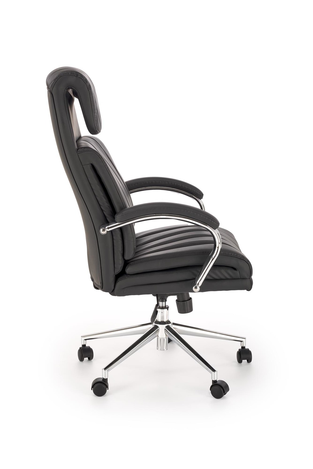 KRZESŁO BIUROWE Romano z podłokietnikami, czarna eko skóra z eleganckimi przeszyciami, obrotowe, nowoczesny styl, ekskluzywne