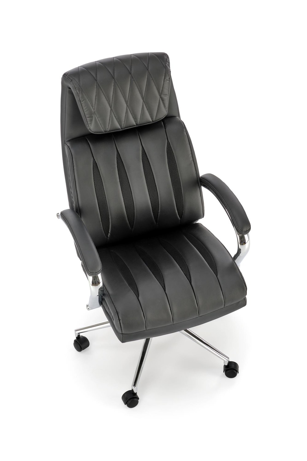 KRZESŁO BIUROWE Romano z podłokietnikami, czarna eko skóra z eleganckimi przeszyciami, obrotowe, nowoczesny styl, najwyższa jakość