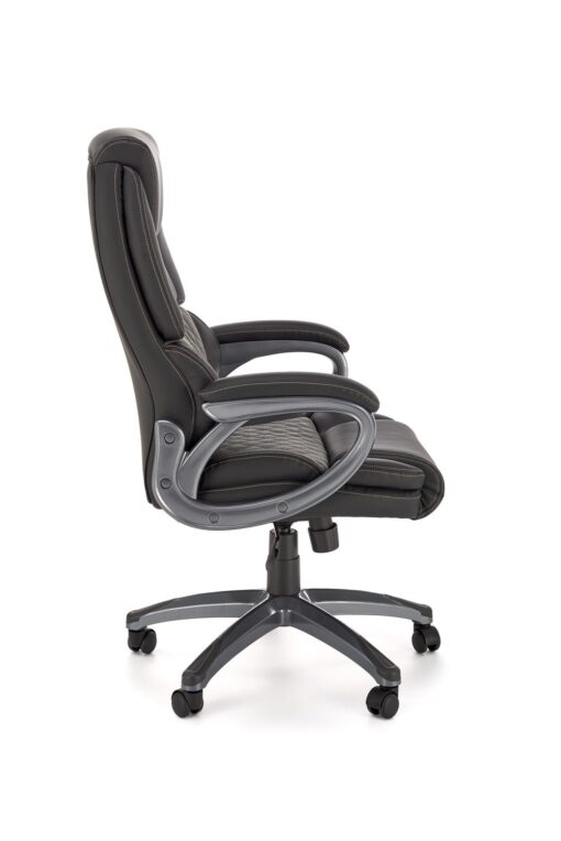 KRZESŁO BIUROWE Steven z podłokietnikami, czarna eko skóry z popielatą tkaniną, eleganckie przeszycia, nowoczesny styl, designerskie