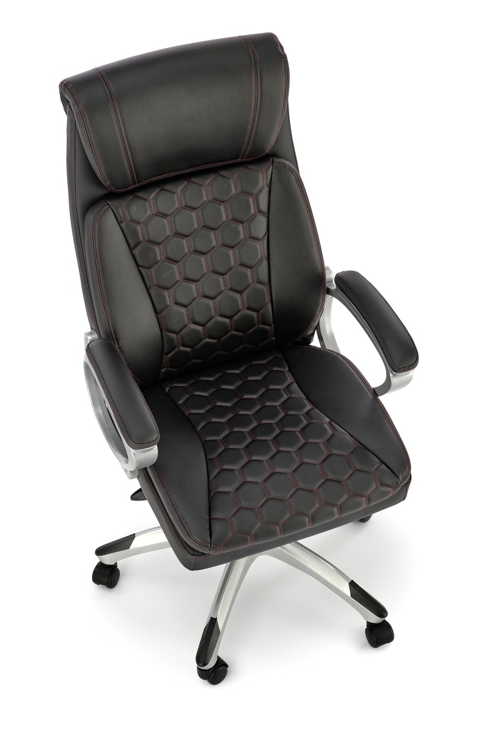 KRZESŁO BIUROWE Thomas z podłokietnikami, czarna tapicerka z eko skóry, eleganckie przesycia, nowoczesny styl, do biura