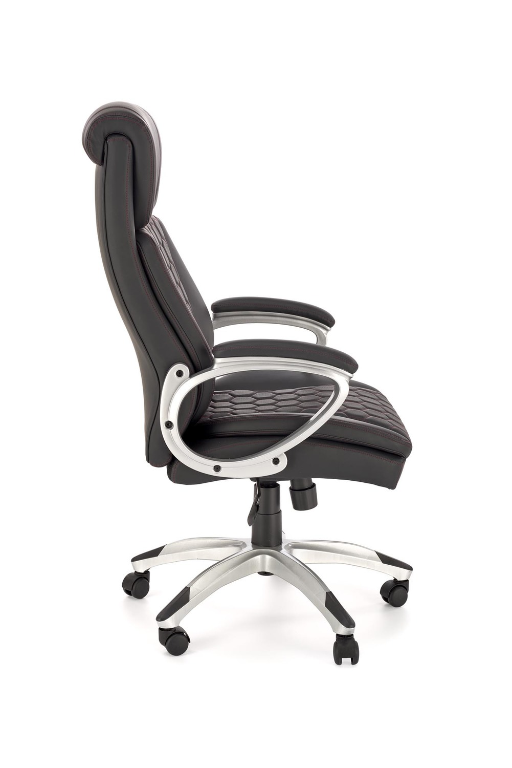 KRZESŁO BIUROWE Thomas z podłokietnikami, czarna tapicerka z eko skóry, eleganckie przesycia, nowoczesny styl, obrotowe