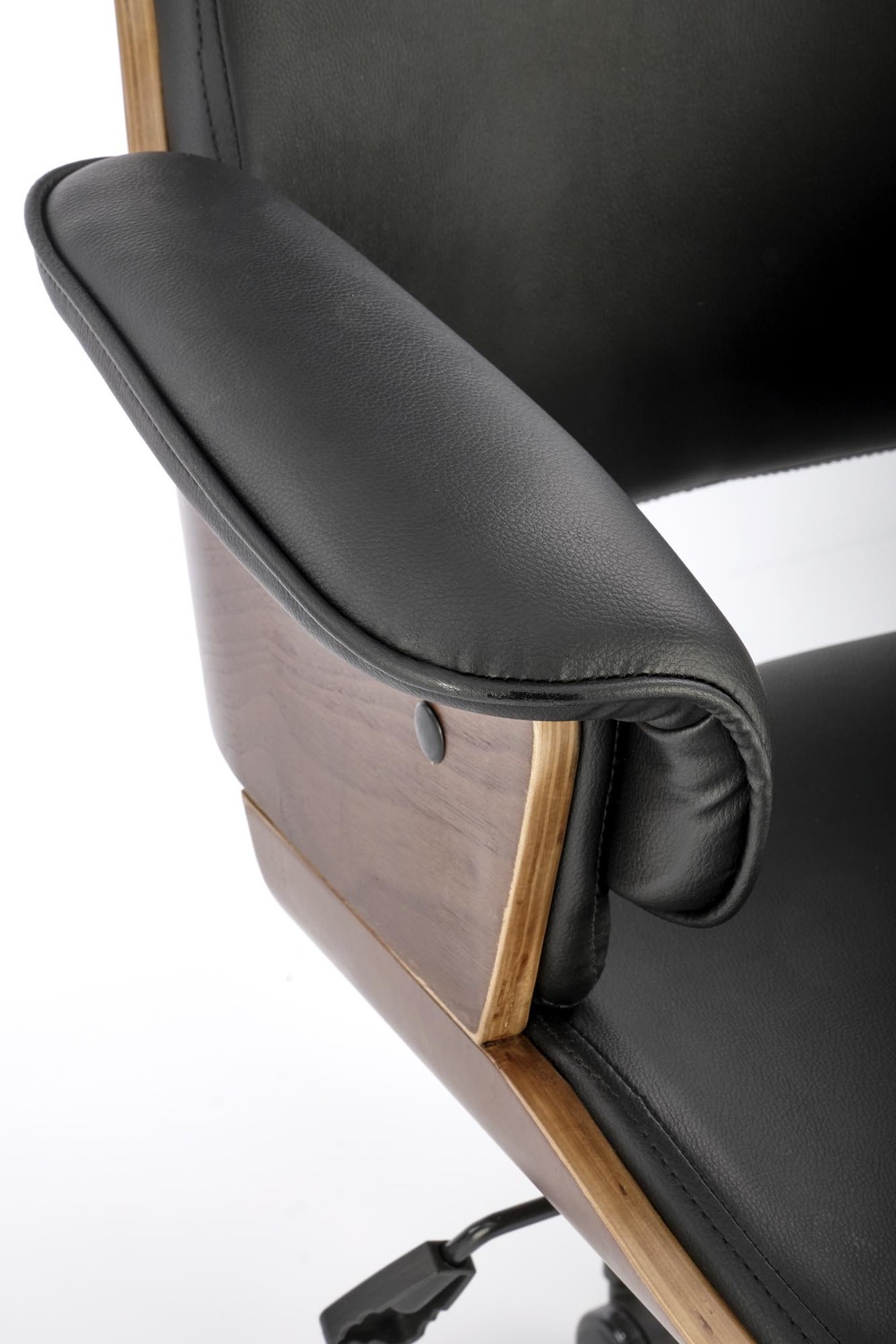 KRZESŁO BIUROWE Weber w nowoczesnym, designerskim stylu, czarna eko skóra, orzechowy tył, premium